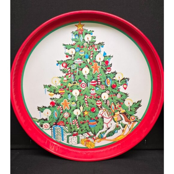 Vintage 1980s Metal Tin Decorative or Serving Christmas Trays Set of 2 - Picture 2 of 7